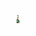 14K yellow gold pear emerald and diamond halo pendant on white background