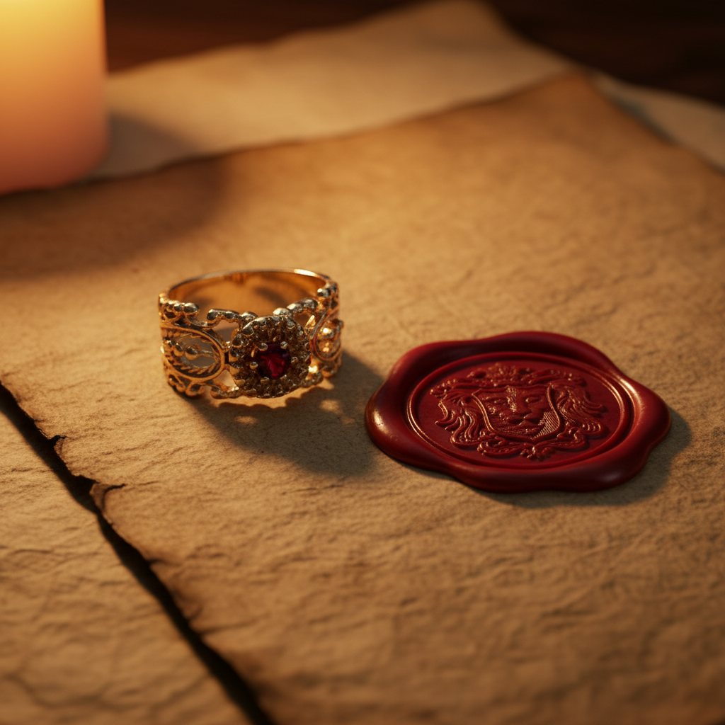Ruby filigree band ring in 14kt yellow gold resting on aged parchment with vintage wax seal, editorial jewelry photography