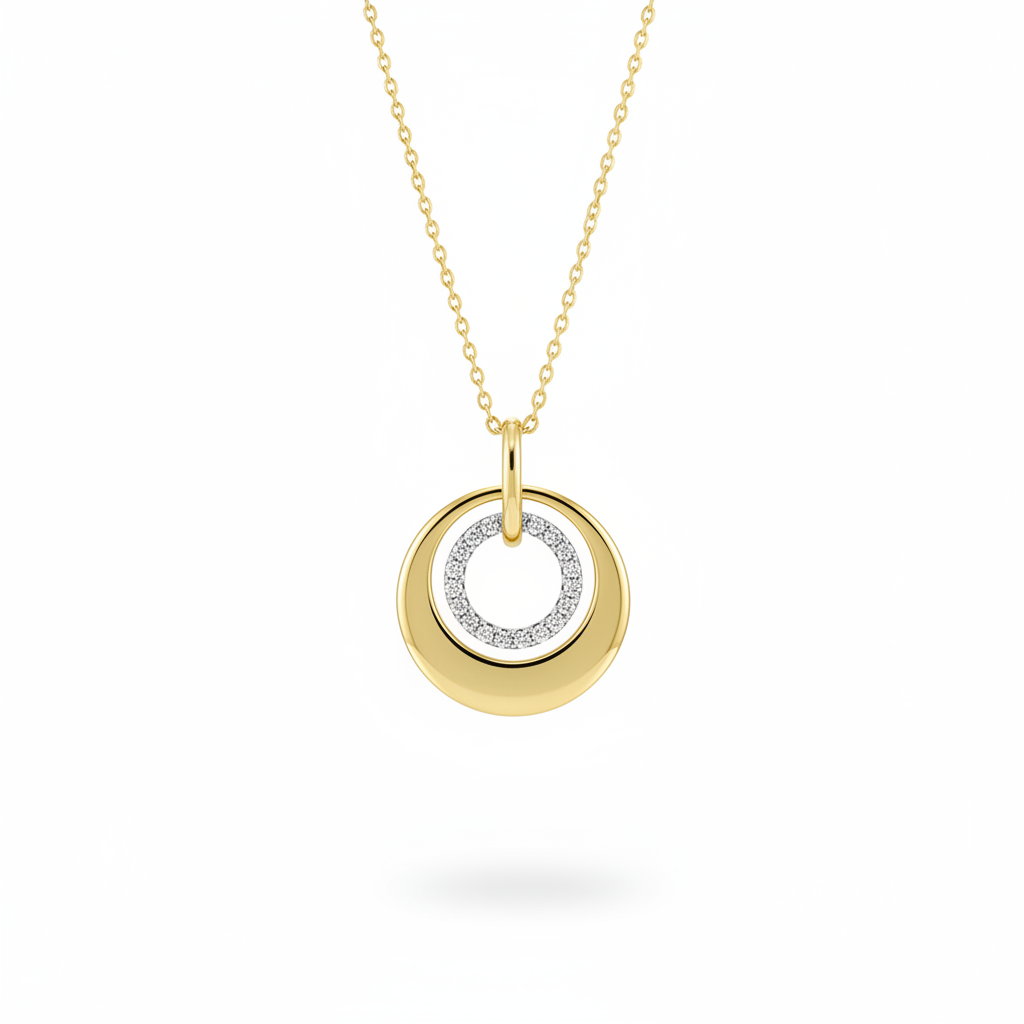 14kt two-tone double circle pavé diamond pendant on white background