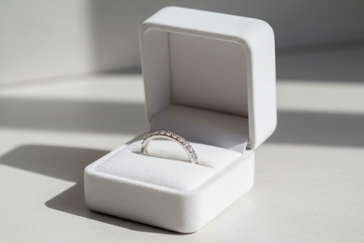 14K white gold diamond wedding band displayed in an open white velvet ring box