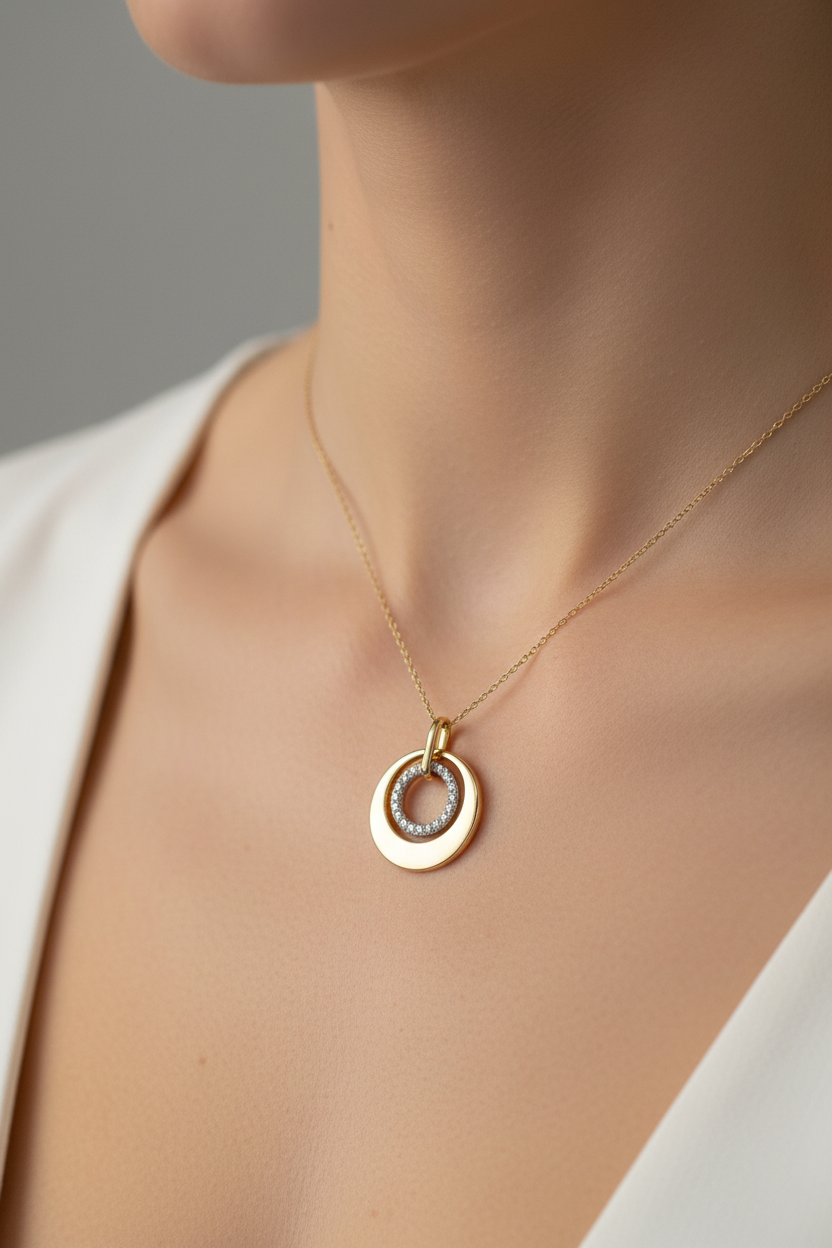 14kt two-tone double circle pavé diamond pendant worn on model neckline, true to scale