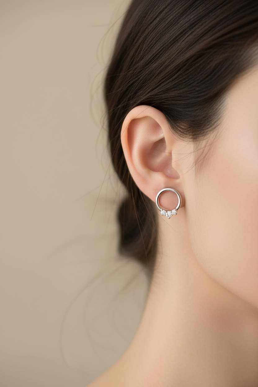 Young woman wearing 14K white gold three-diamond open circle stud earrings