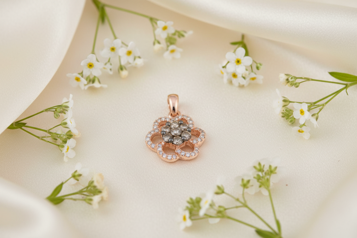 14K rose gold diamond flower cluster pendant on cream silk with delicate flowers
