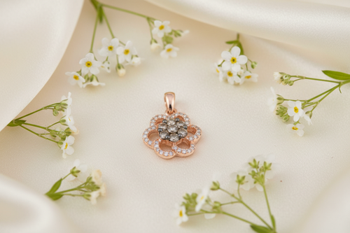 14K rose gold diamond flower cluster pendant on cream silk with delicate flowers