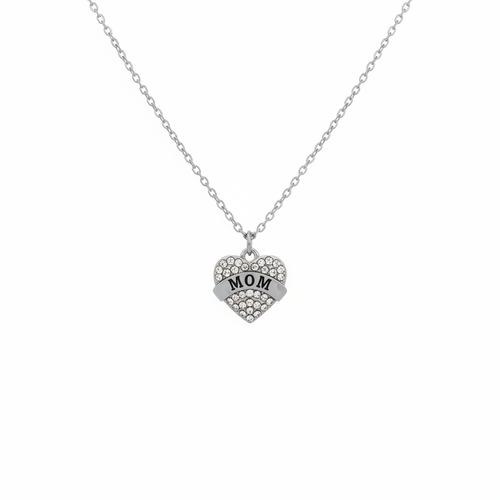 Silver-tone crystal pavé MOM heart pendant necklace with banner detail suspended on white background