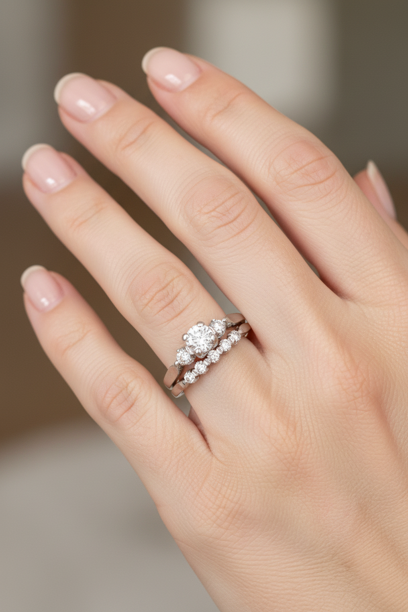 Platinum Diamond Bridal Set - On Model's Finger