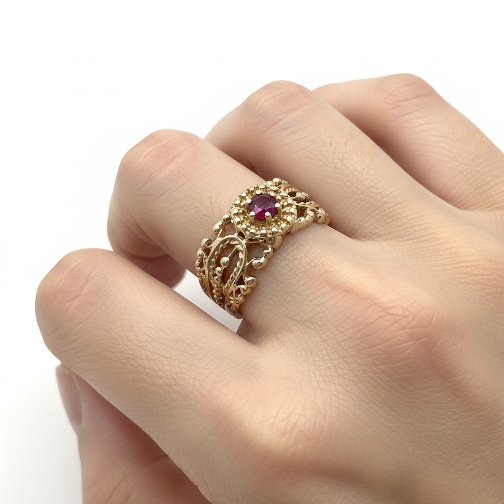 Ruby filigree band ring in 14kt yellow gold worn on model's hand, true to scale lifestyle photo