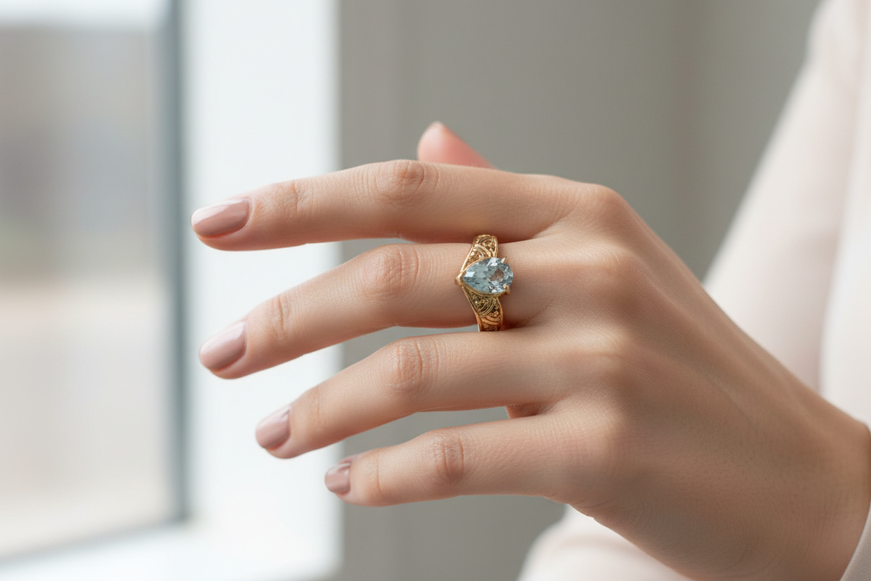 Model wearing 10K yellow gold pear aquamarine V-band engraved ring