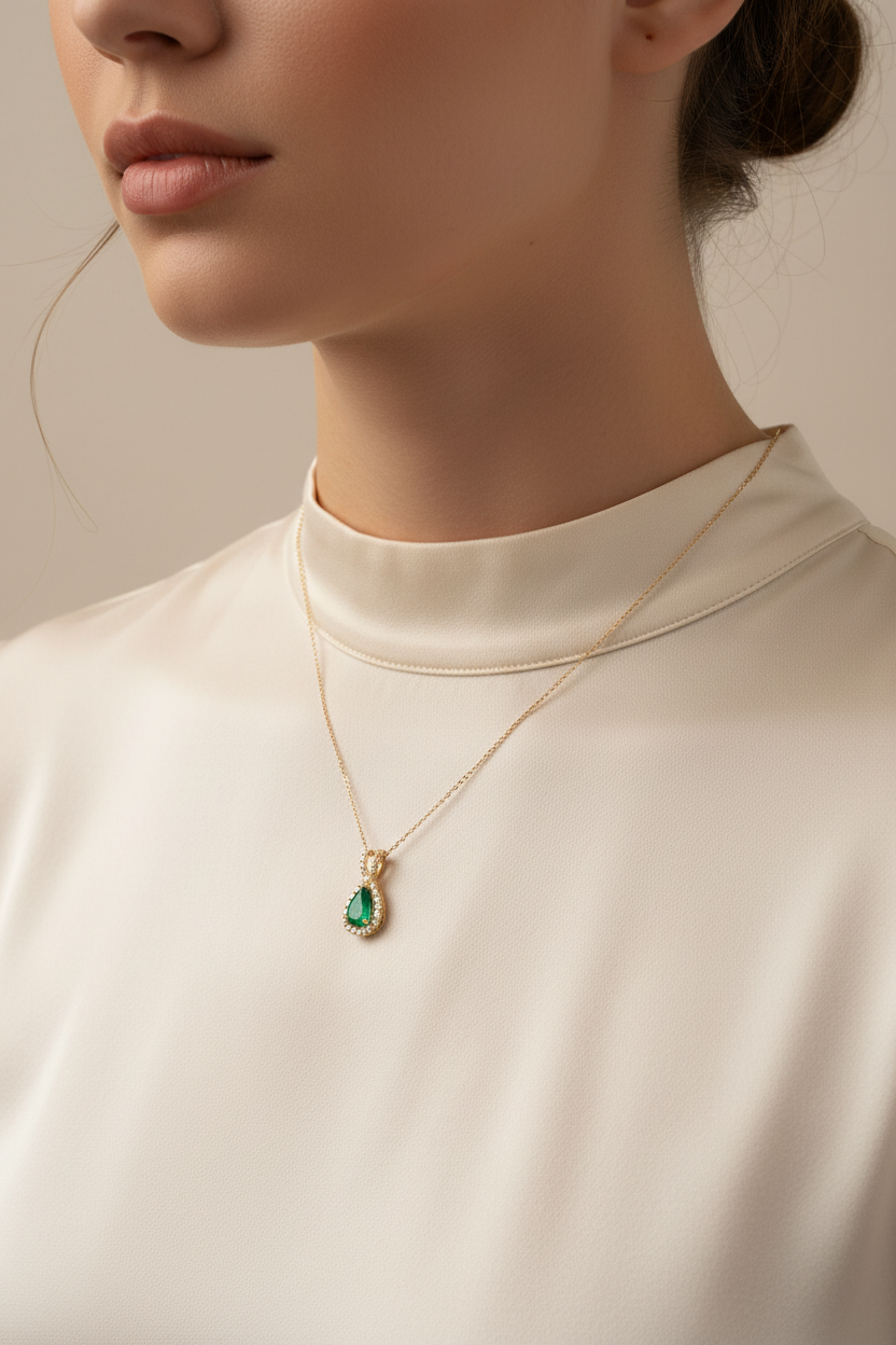 Model wearing 14K yellow gold pear emerald and diamond halo pendant, true to life scale lifestyle shot