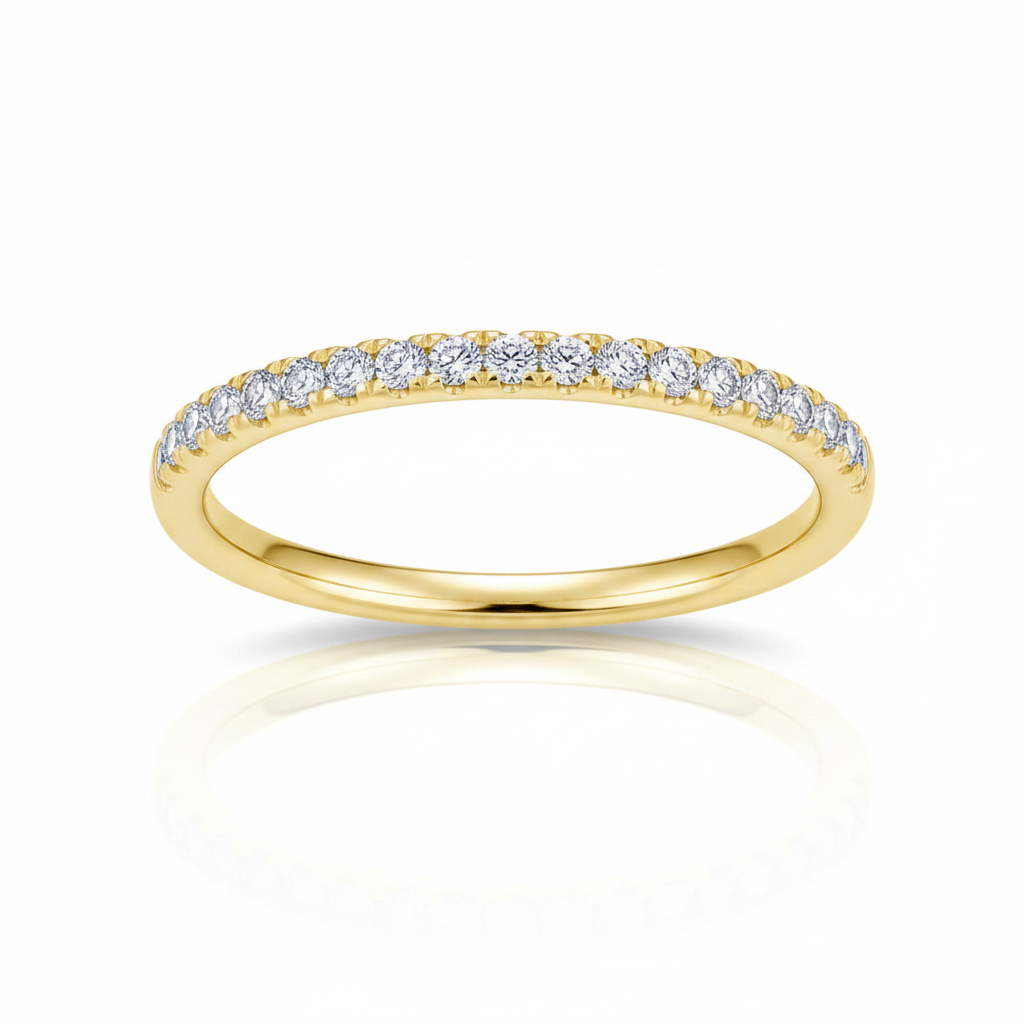 14K yellow gold micro-pavé straight diamond wedding band top-down flat lay shot