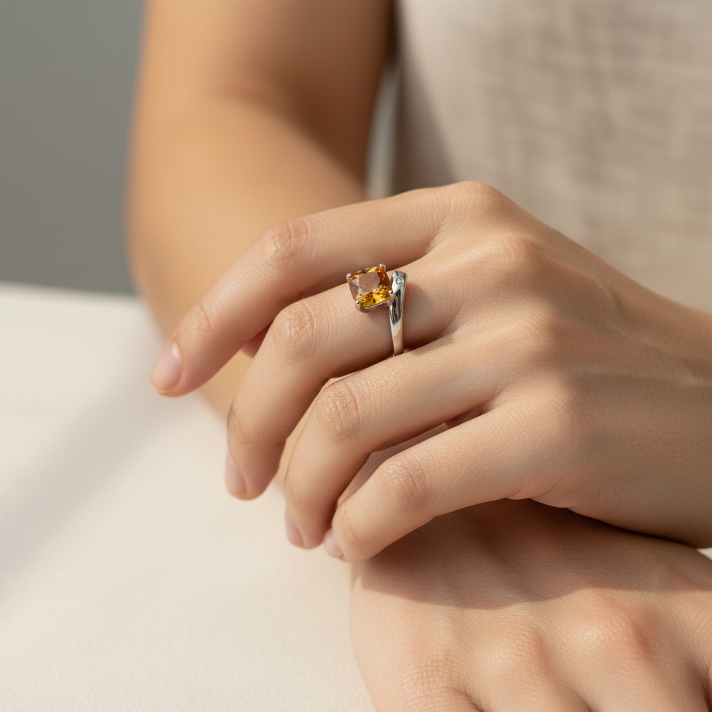 1.30 ct. cushion-cut citrine and diamond accent 14kt white gold ring worn on model's hand, lifestyle shot