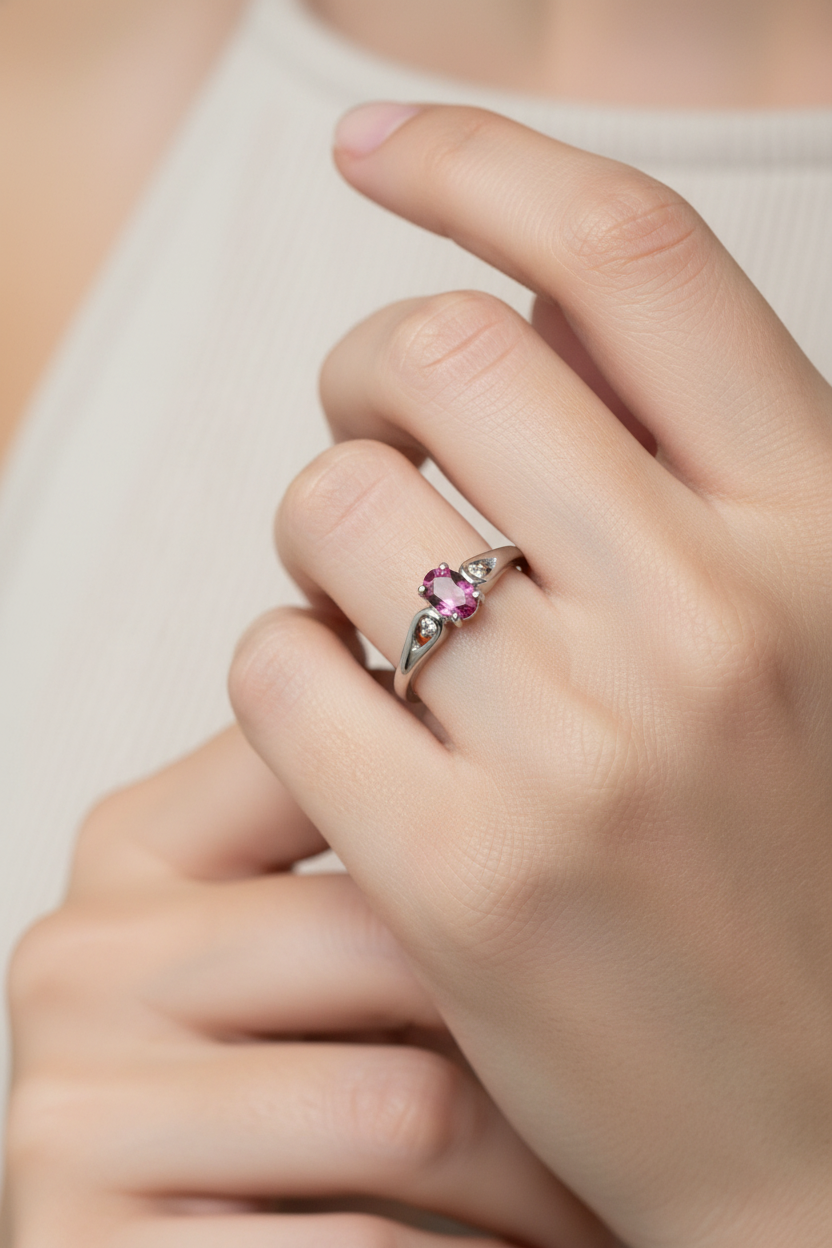 10K white gold oval pink tourmaline ring with diamond accents worn on a woman's ring finger, lifestyle editorial photo