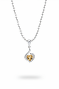 Heart shaped citrine and white topaz swirl pendant necklace in sterling silver suspended on white background