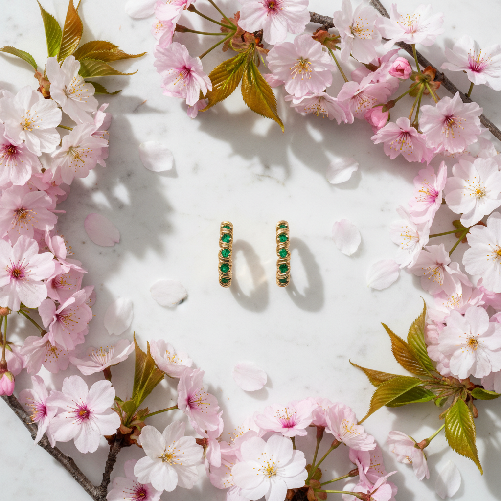 14K gold emerald hoop earrings spring flat lay with cherry blossoms on white marble