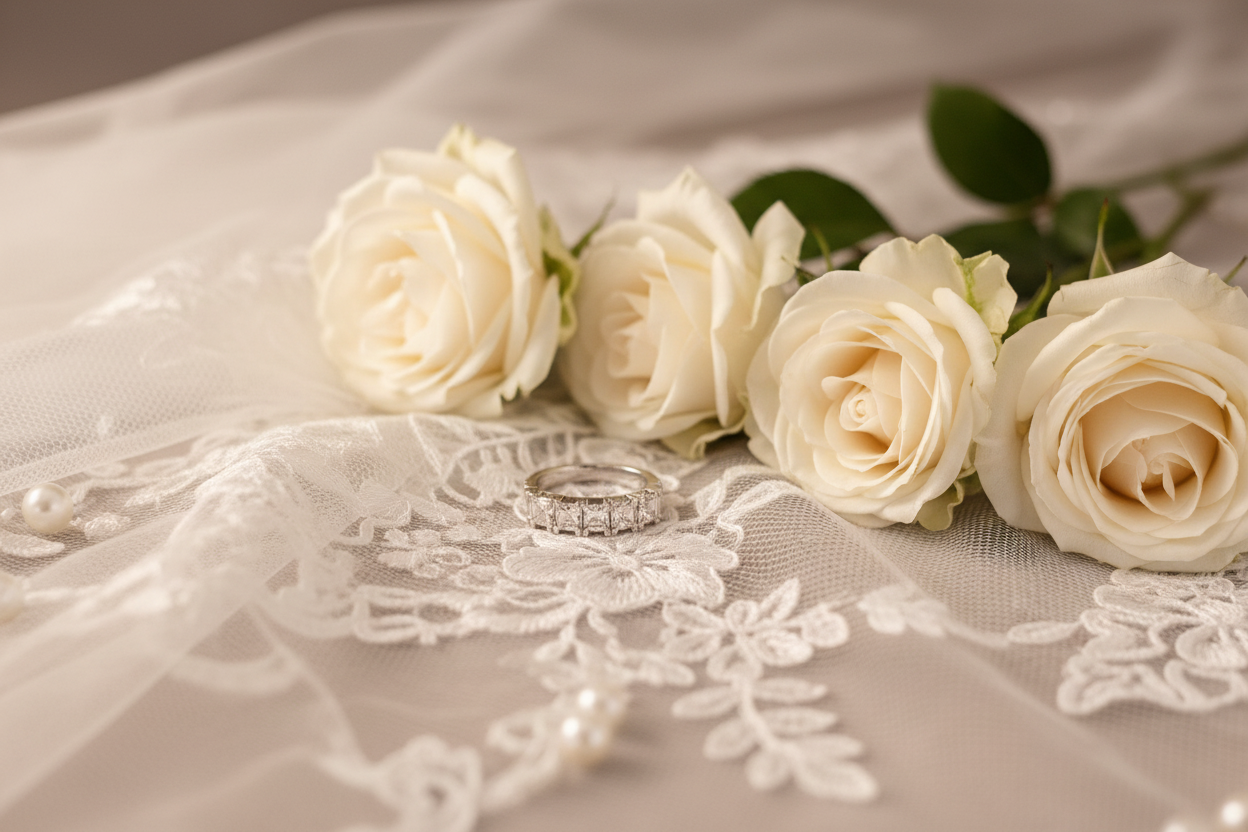 5-stone square step-cut platinum diamond band with wedding theme, white roses and bridal veil
