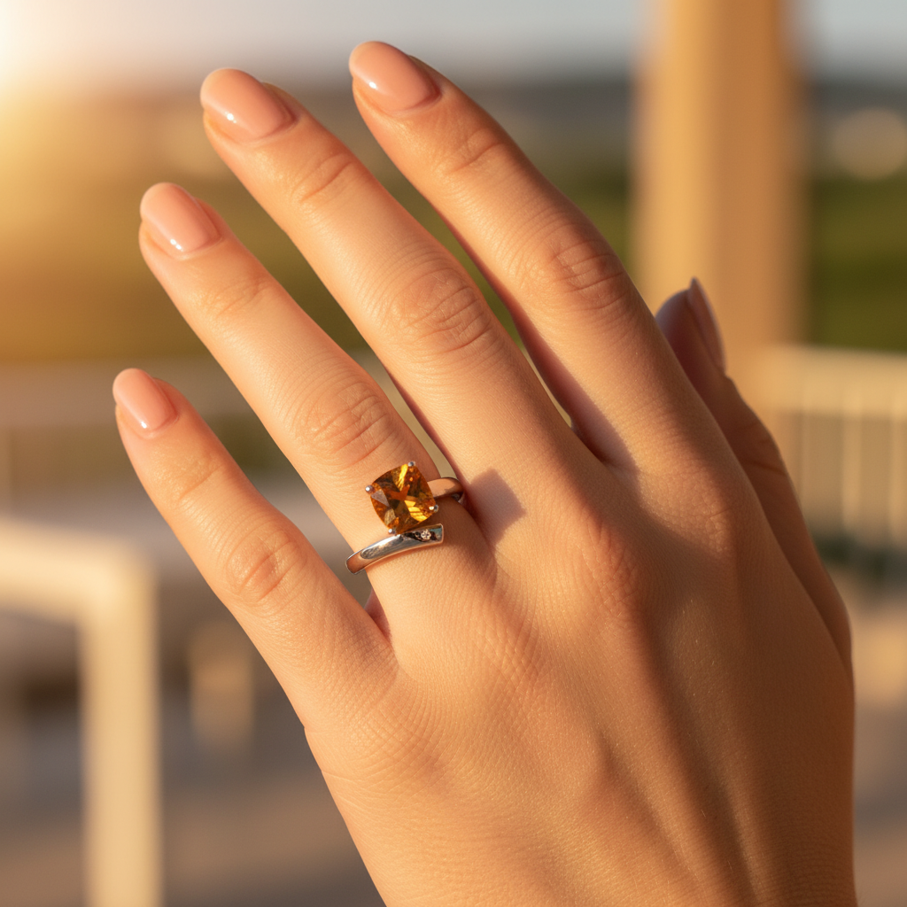 1.30 ct. cushion-cut citrine and diamond accent 14kt white gold ring worn on model's hand, warm golden hour lifestyle shot