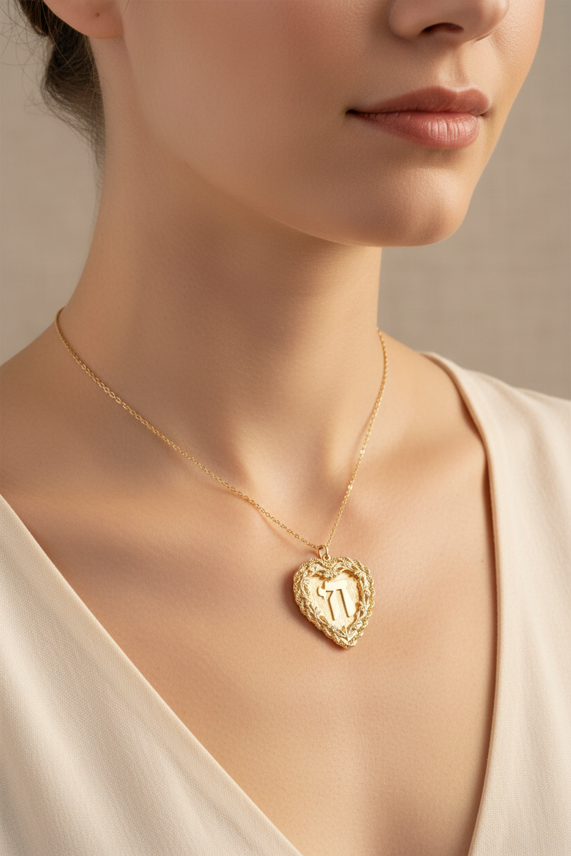 14K Yellow Gold Heart Chai Pendant - Woman Wearing