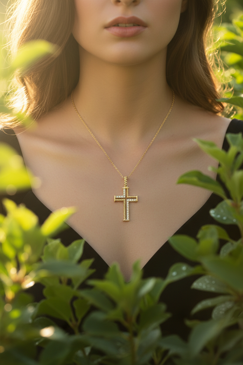 14K Yellow Gold Contemporary Diamond Cross Pendant lifestyle photo – outdoor garden setting