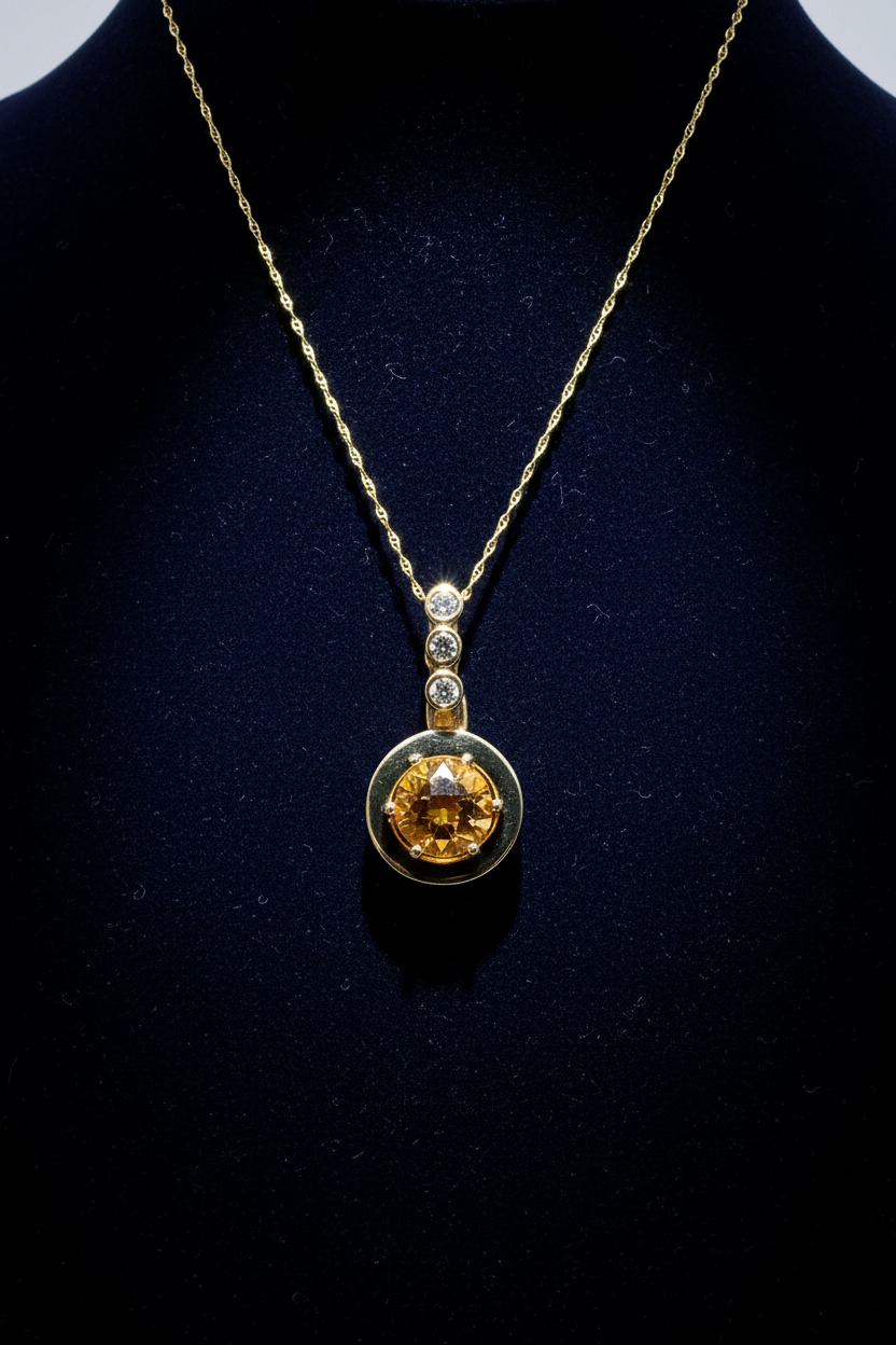 14K yellow gold checkerboard-cut citrine and diamond drop pendant on deep navy velvet background with dramatic spotlight lighting