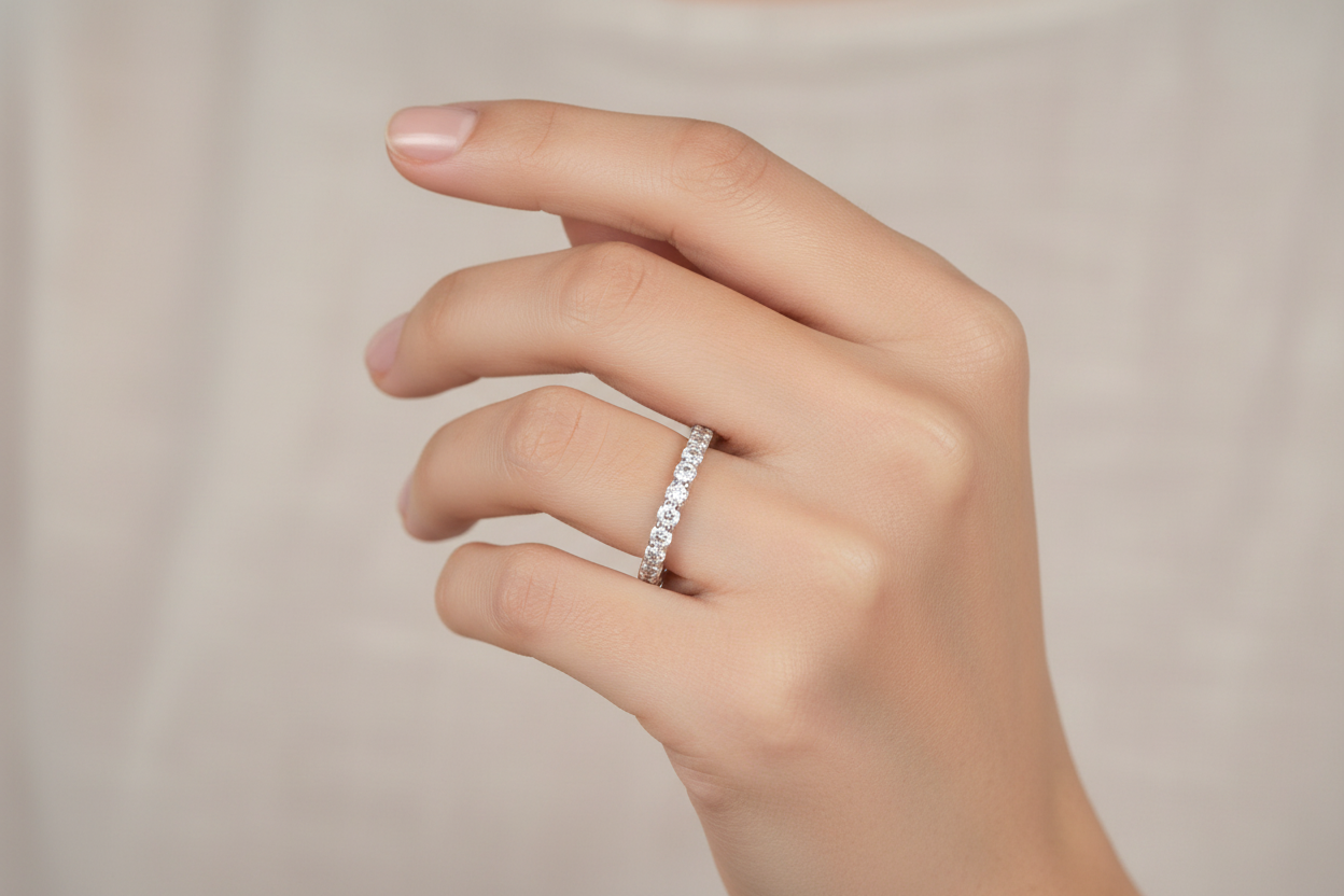 Model wearing 14K white gold shared prong diamond straight wedding band