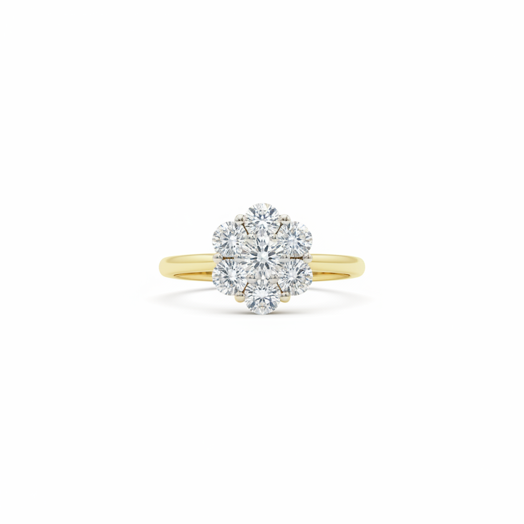14K yellow gold diamond flower cluster ring on white background