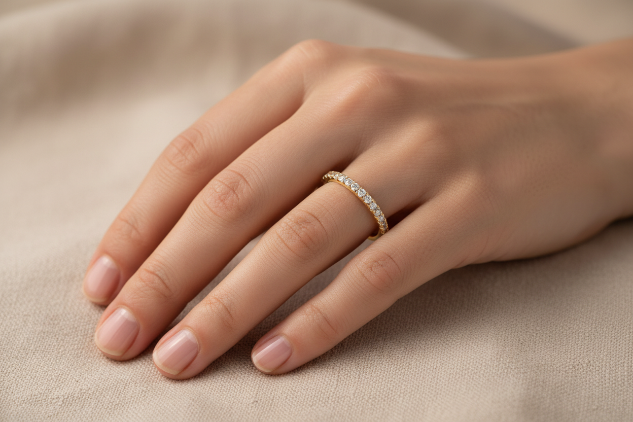 14K yellow gold micro-pavé straight diamond wedding band worn on a woman's hand lifestyle photo