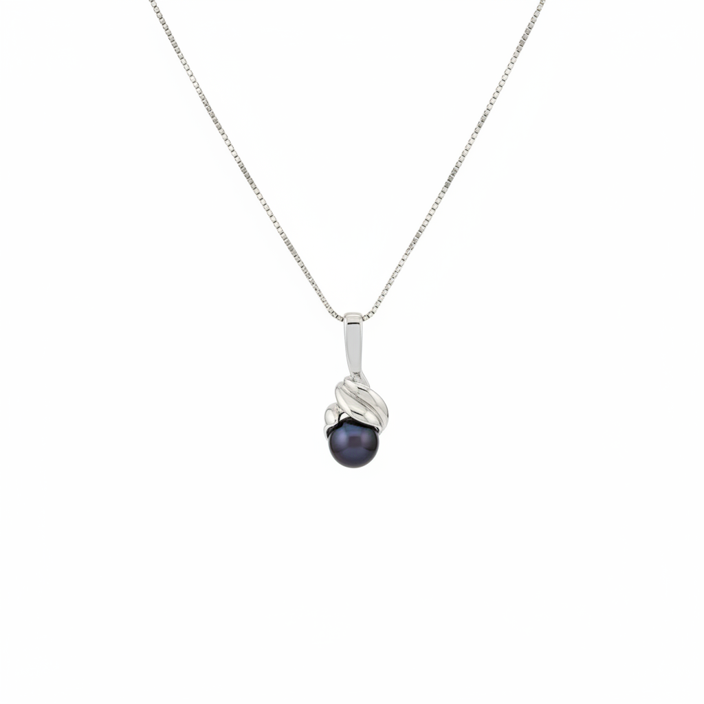14K white gold black pearl swirl pendant necklace on white background