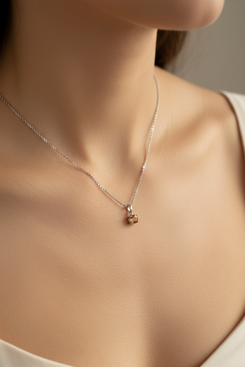 Lifestyle photo of cushion cut citrine and diamond pendant necklace worn on neckline, true to scale