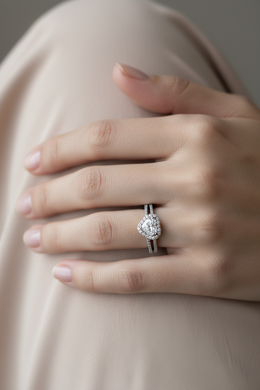 1.00ctw heart shaped diamond halo engagement ring in 14kt white gold worn on model's finger