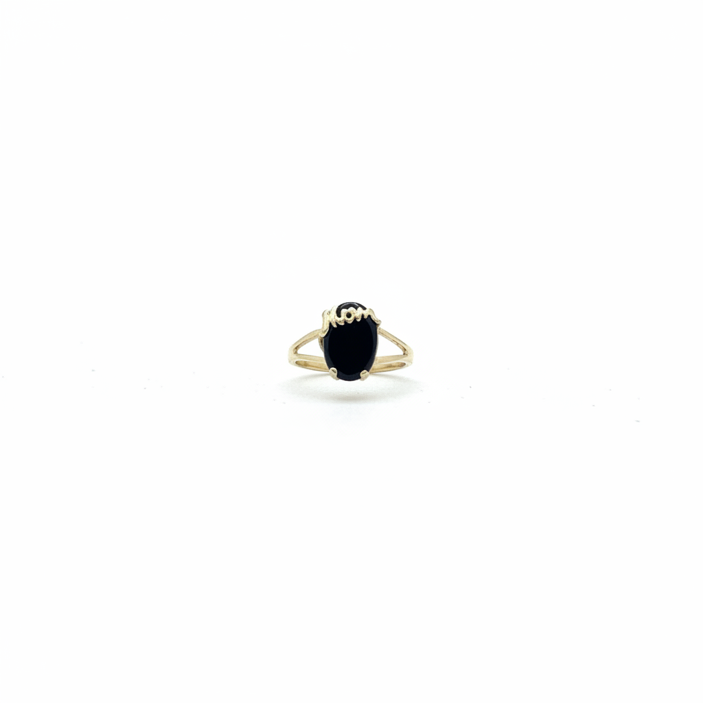 10K yellow gold Mom script ring with oval black onyx center stone on white background