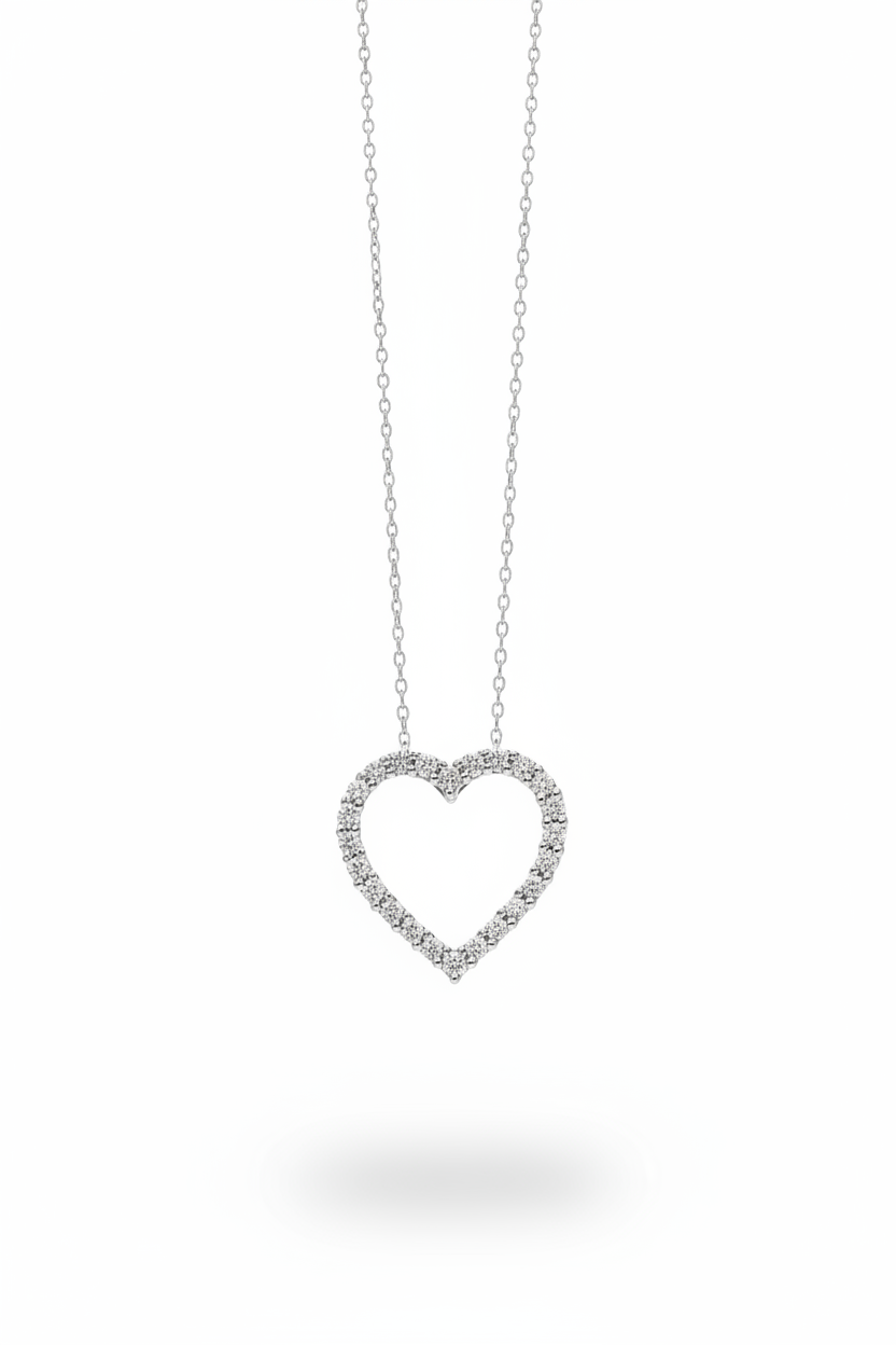 1/2ctw open heart diamond pendant necklace in 10kt white gold with 18 inch rope chain suspended on white background