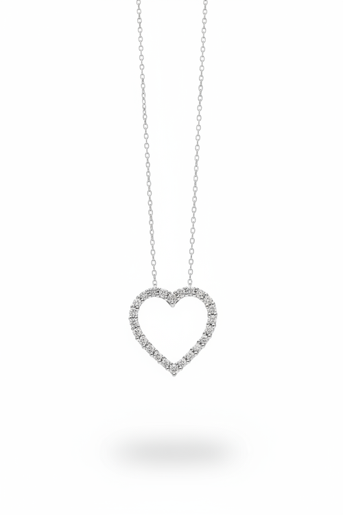 1/2ctw open heart diamond pendant necklace in 10kt white gold with 18 inch rope chain suspended on white background
