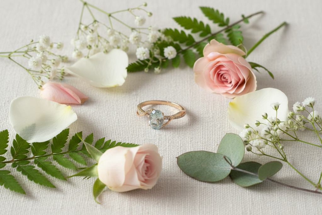 10K yellow gold oval aquamarine ring with diamond swirl accent nestled among spring flowers