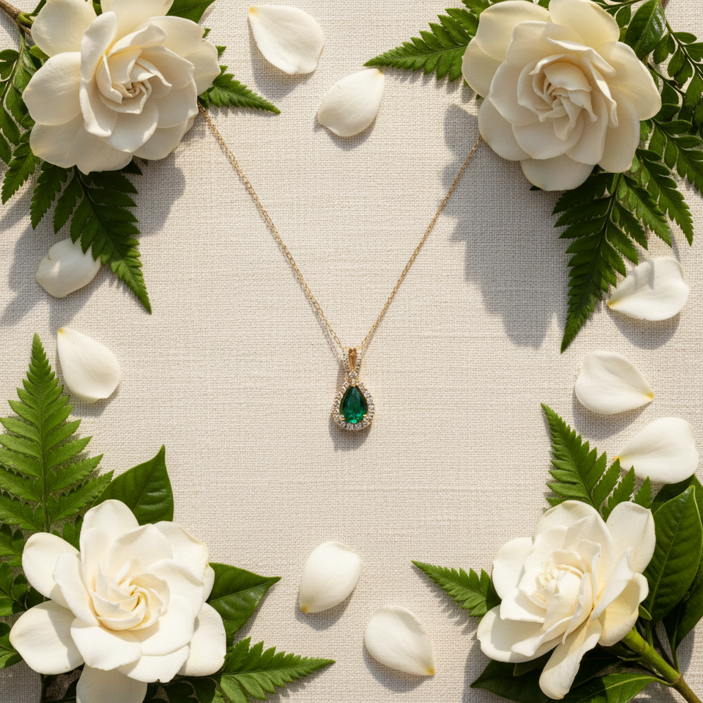 14K yellow gold pear emerald and diamond halo pendant spring flat lay with gardenia flowers
