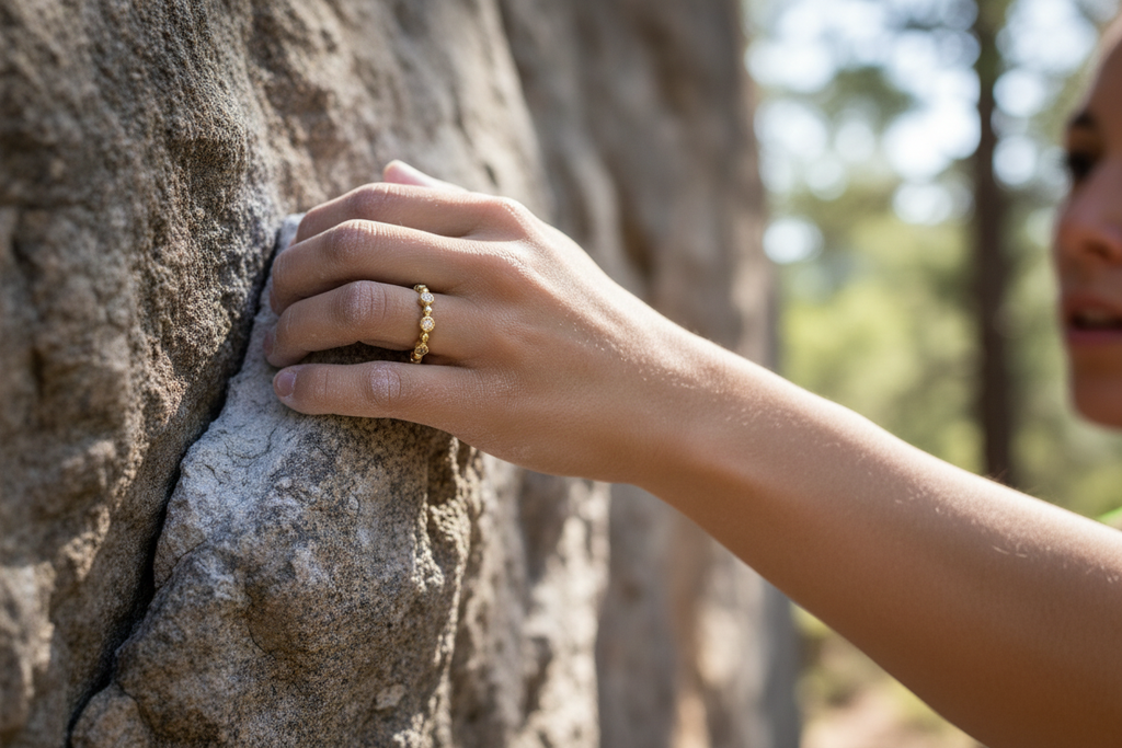 Low profile 14K yellow gold diamond wedding band worn by a woman playing a sport