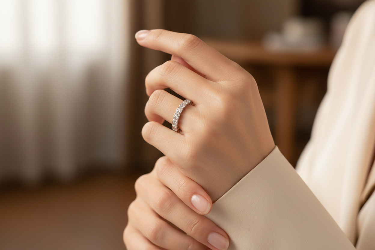 14K white gold square prong diamond straight wedding band worn on a woman's hand lifestyle photo