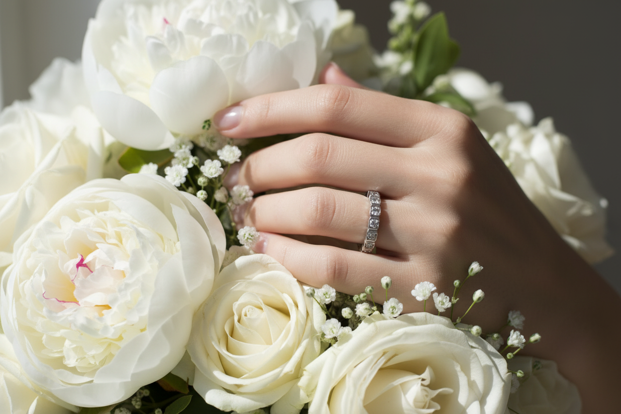 14K white gold square prong diamond straight wedding band with soft white bridal flowers