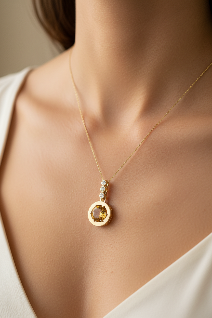 14K yellow gold checkerboard-cut citrine and diamond drop pendant on gold chain, lifestyle editorial photo