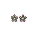 Sterling silver hand-spun filigree purple and green enamel flower stud earrings on white background