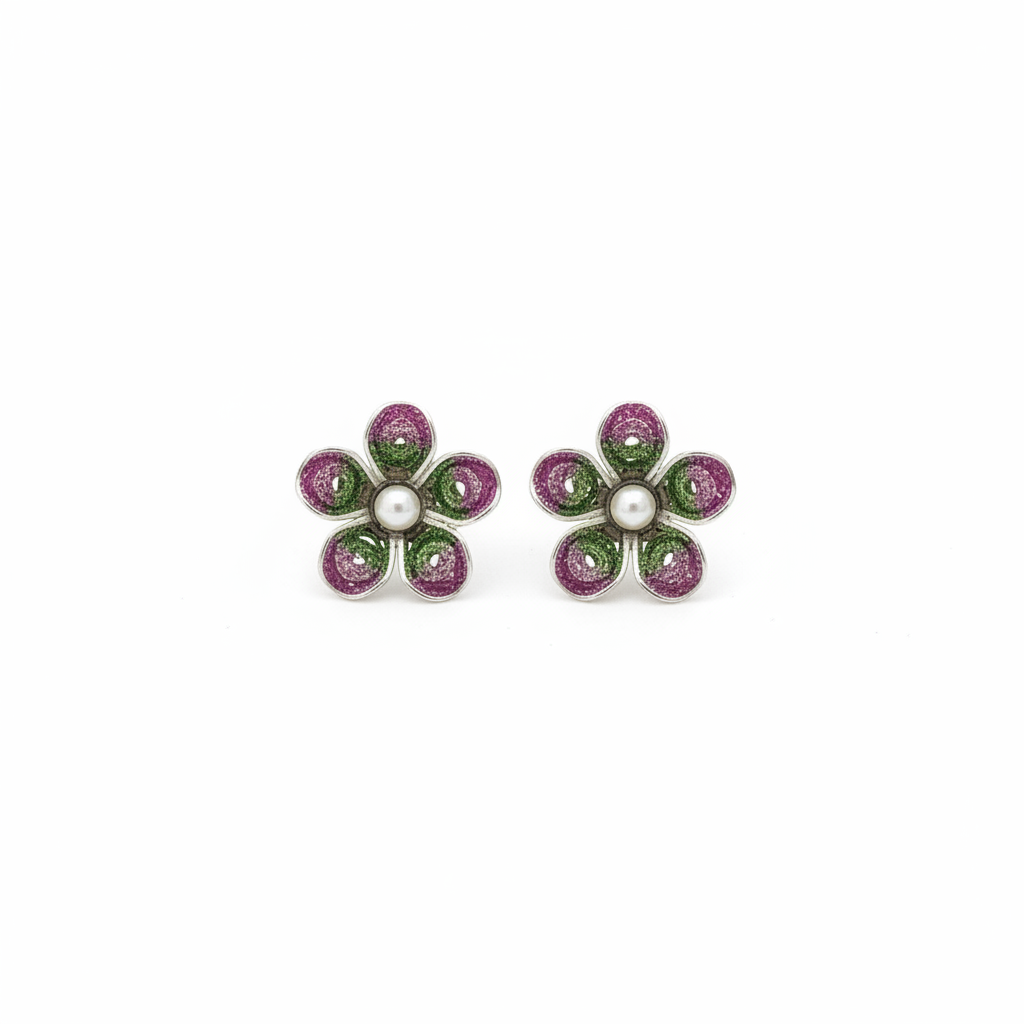 Sterling silver hand-spun filigree purple and green enamel flower stud earrings on white background