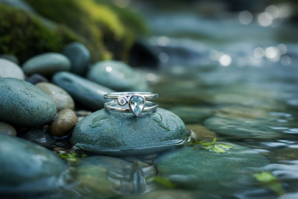 10K White Gold Pear Aquamarine & Diamond Minimalist Ring nature water inspired