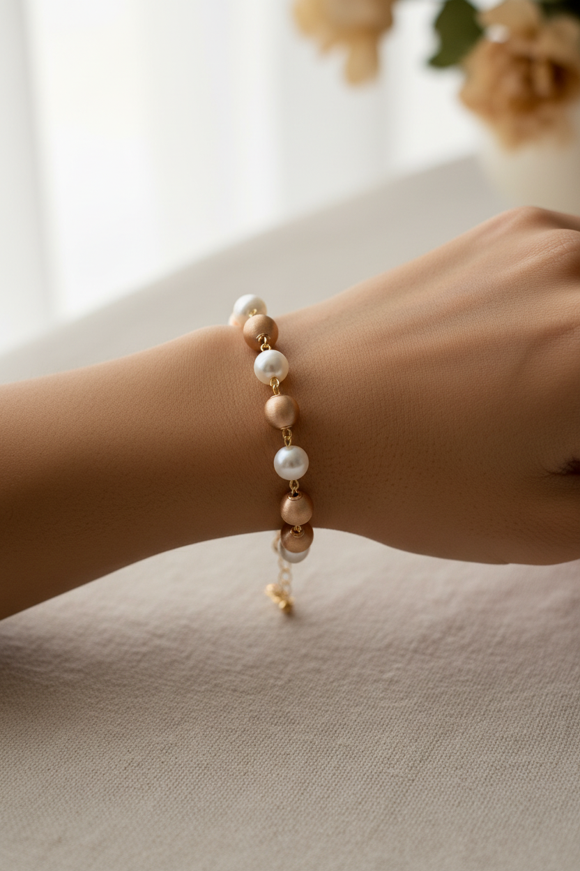 Pearl and rose gold bead station bracelet worn on a model's wrist