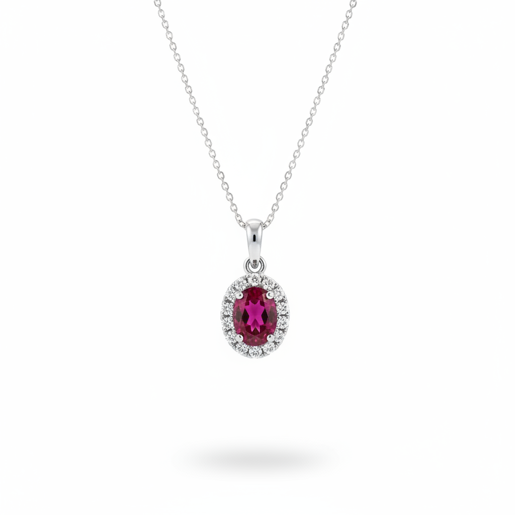 Oval ruby and diamond halo pendant in 14kt white gold with chain suspended on white background