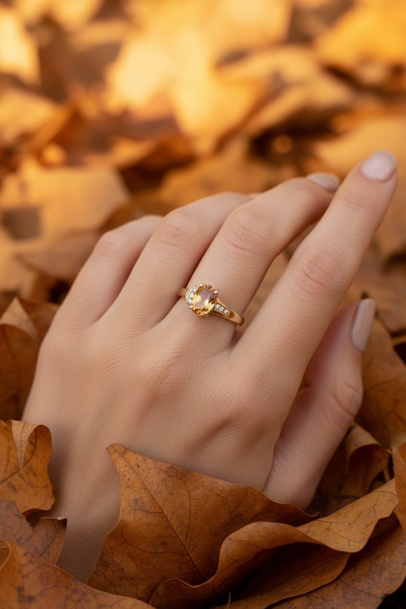 Oval citrine and diamond accent ring in 14kt yellow gold worn on model's hand surrounded by autumn leaves, fall editorial lifestyle shot