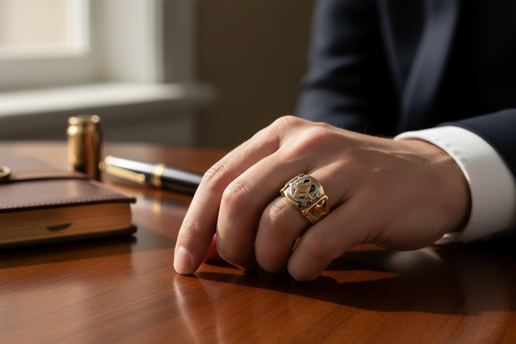 Men's two-tone Masonic ring worn on hand, lifestyle shot true to life size