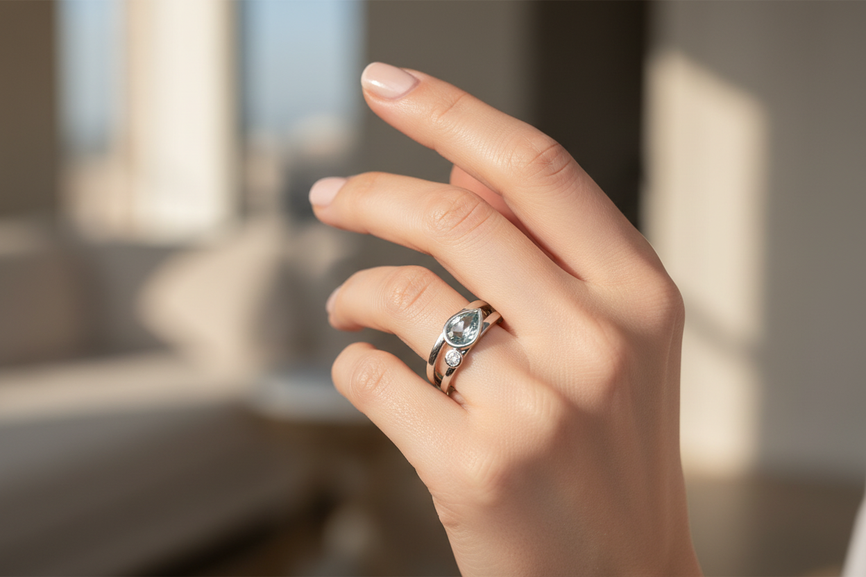 10K White Gold Pear Aquamarine & Diamond Minimalist Ring worn on model's hand
