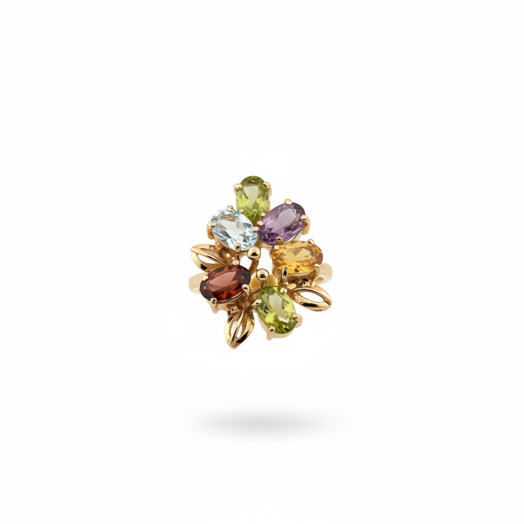 14K yellow gold multi-gemstone cluster ring with peridot, amethyst, blue topaz, garnet and citrine on white background