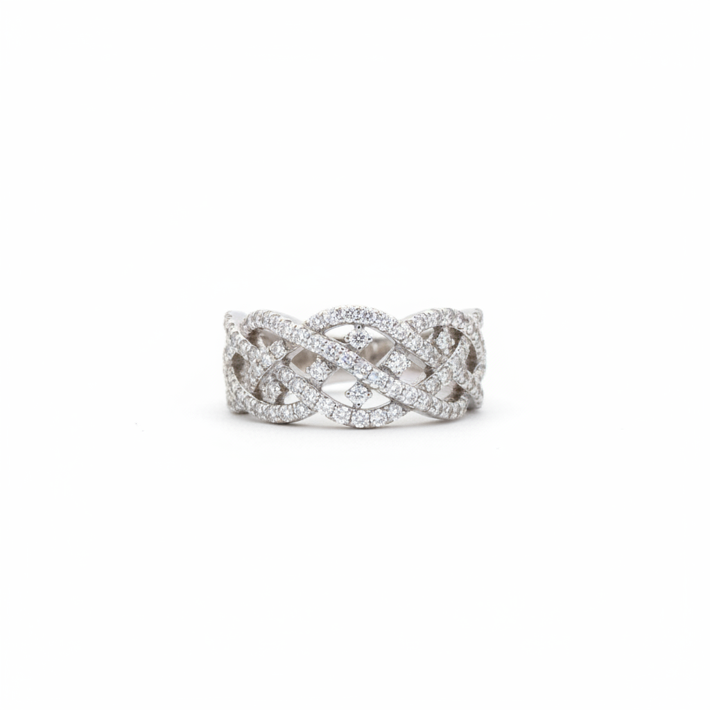14K white gold pavé diamond braided band ring on white background