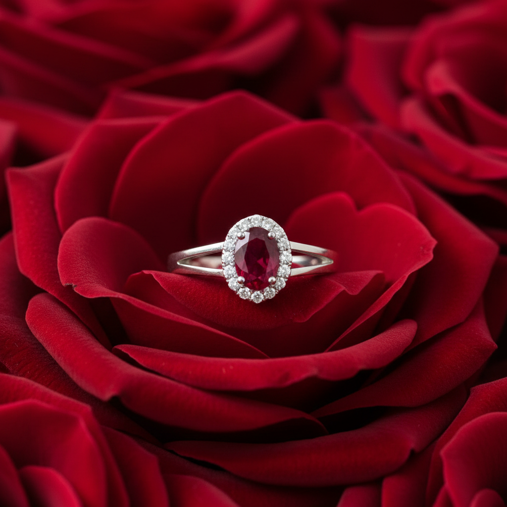 Oval ruby and diamond halo ring in 14kt white gold resting on red rose petals, editorial jewelry photography