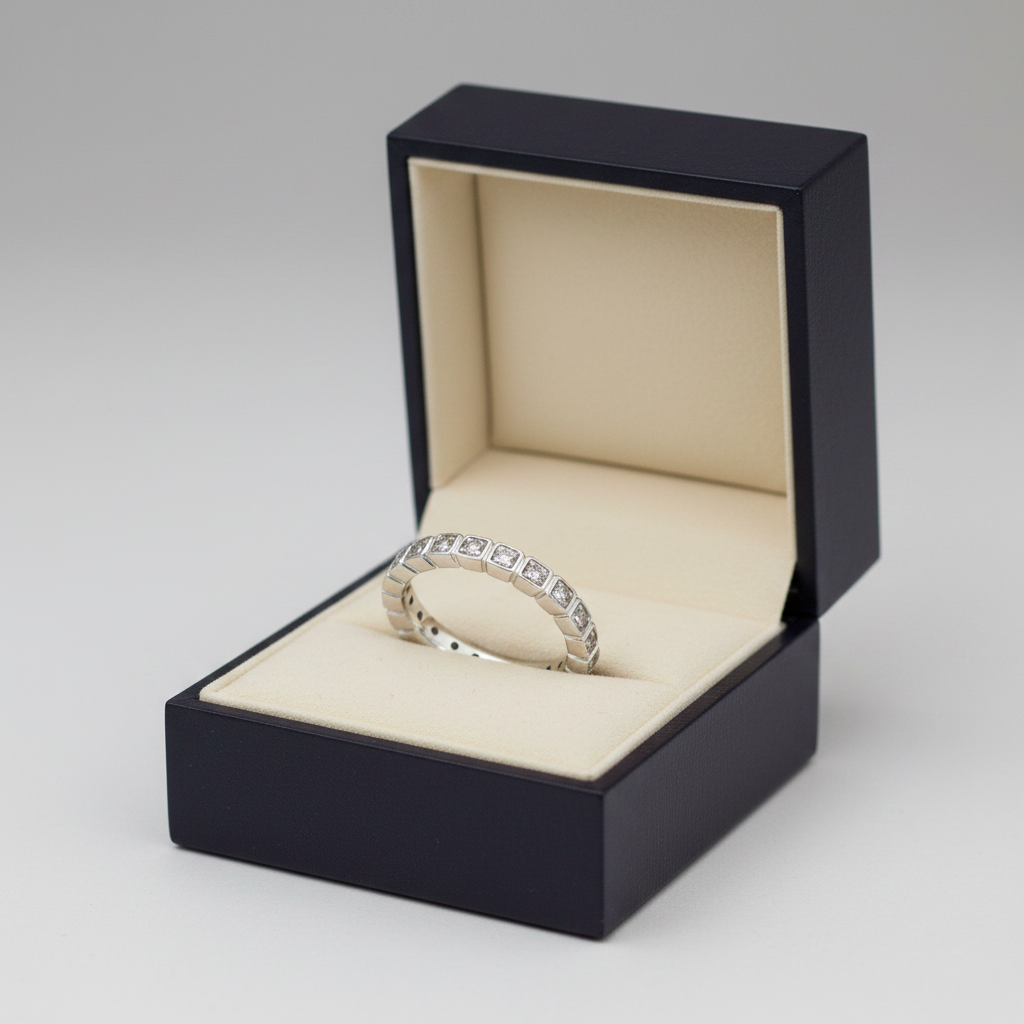 14K white gold square prong diamond straight wedding band displayed in a luxury velvet ring box